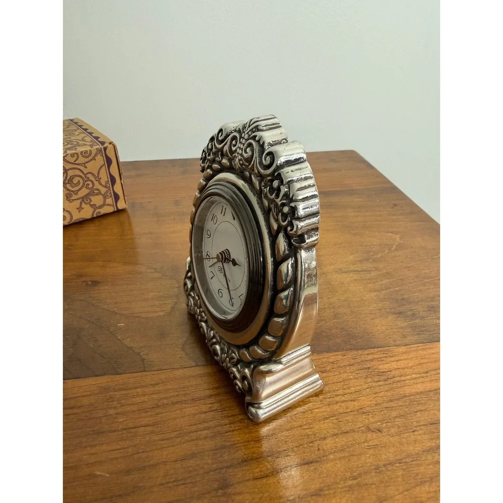 Brighton Your Home Silver Tone Ornate Scroll Heart Desk Clock with Box & Pouch